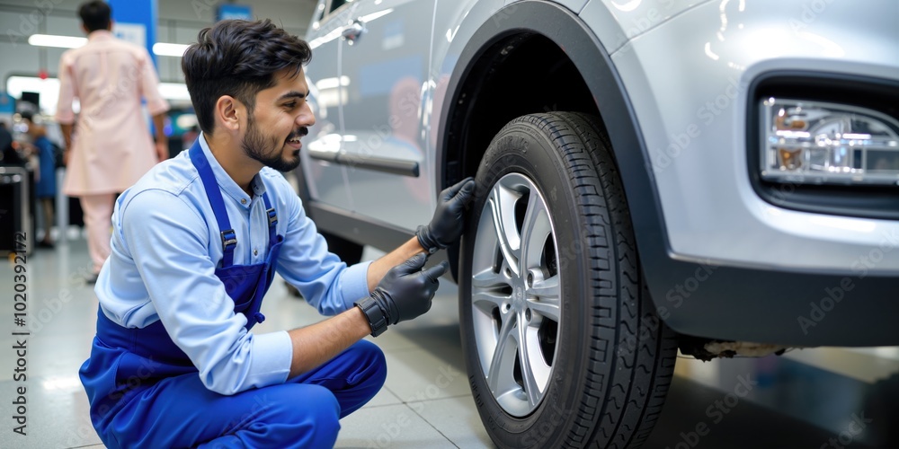 Indian Automobile Mechanic Conducting Tire Check In Modern Service Center Indian Automobile Mechanic Conducting Tire Check In Modern Service Center