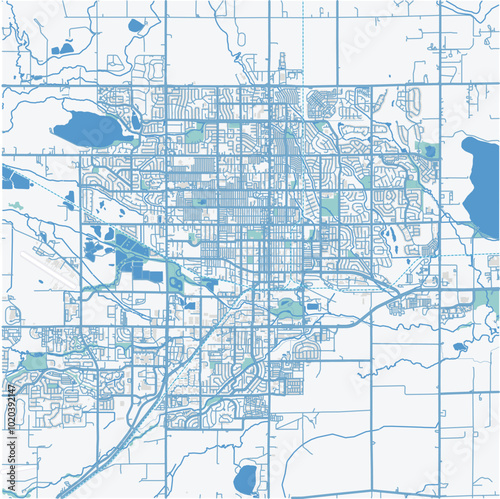 Map of Longmont in Colorado in a professional blue style. Contains layered vector with roads water, parks, etc.