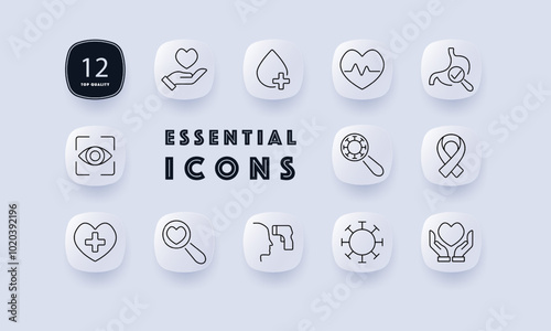 Healthcare set icon. Heart with cross, hand with heart, awareness ribbon, magnifying glass, virus detection, thermometer, eye examination, health check, heartbeat