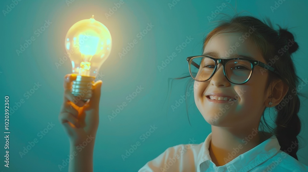A girl beams with joy as she holds a lit light bulb, illuminating her face with its warm glow, symbolizing creativity and bright ideas. A girl beams with joy as she holds a lit light bulb, illuminating her face with its warm glow, symbolizing creativity and bright ideas.