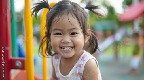 A lively young girl smiles brightly on a playground, capturing the innocence and joy of childhood in a playful outdoor setting.