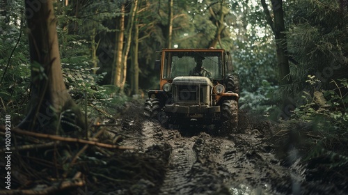 A rugged tractor forges through a muddy forest path, enveloped in green foliage, showcasing the raw power and persistence of agricultural machinery.