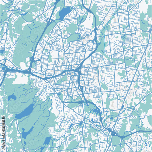 Map of New Britain in Connetticut in a professional blue style. Contains layered vector with roads water, parks, etc.