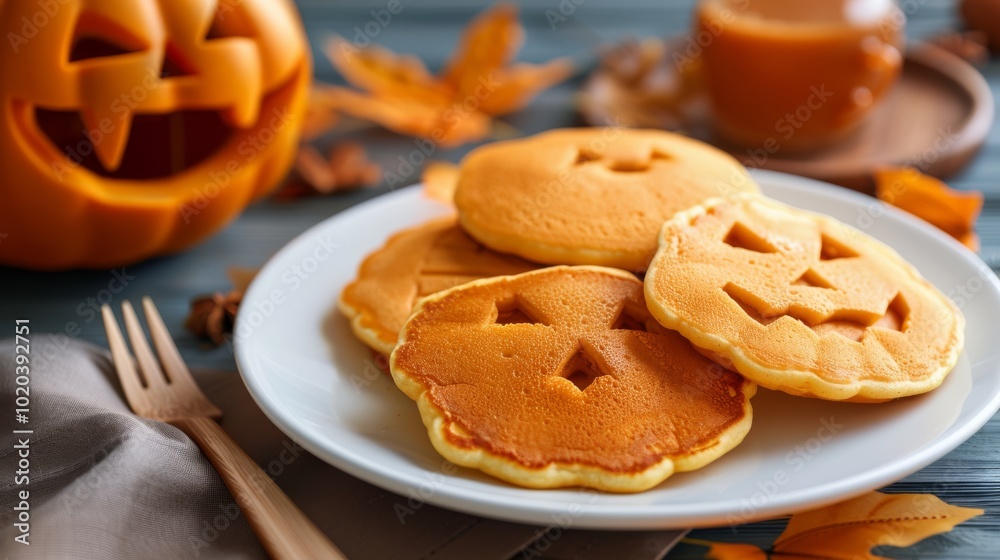 Spooky jack-o'-lantern pancakes crafted with care sit amidst autumn leaves, bringing a playful twist to a cozy breakfast scene. Spooky jack-o'-lantern pancakes crafted with care sit amidst autumn leaves, bringing a playful twist to a cozy breakfast scene.