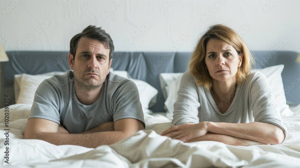 A couple lying side by side in bed, looking serious and pensive, suggesting a moment of contemplation or tension. A couple lying side by side in bed, looking serious and pensive, suggesting a moment of contemplation or tension.