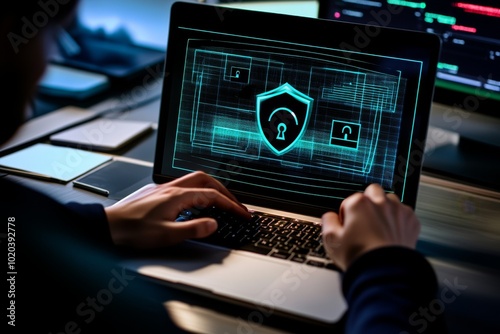 Person Using Laptop to Create Online Security Plan with Icons of Padlocks and Shields on Screen