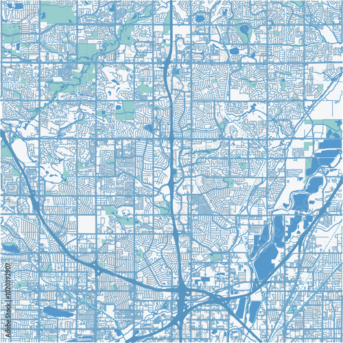 Map of Thornton in Colorado in a professional blue style. Contains layered vector with roads water, parks, etc.