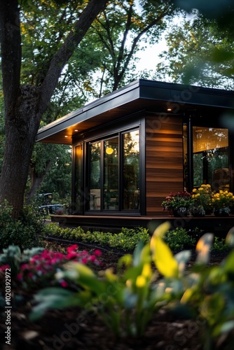 Modern home with wood siding and large windows nestled in a lush garden.