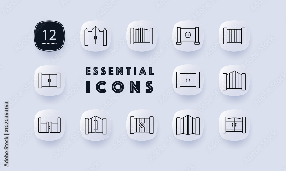 Gate design set icon. Arched, double, sliding, and security gates. Icons show various designs for entry gates used for fencing, properties, and security Gate design set icon. Arched, double, sliding, and security gates. Icons show various designs for entry gates used for fencing, properties, and security