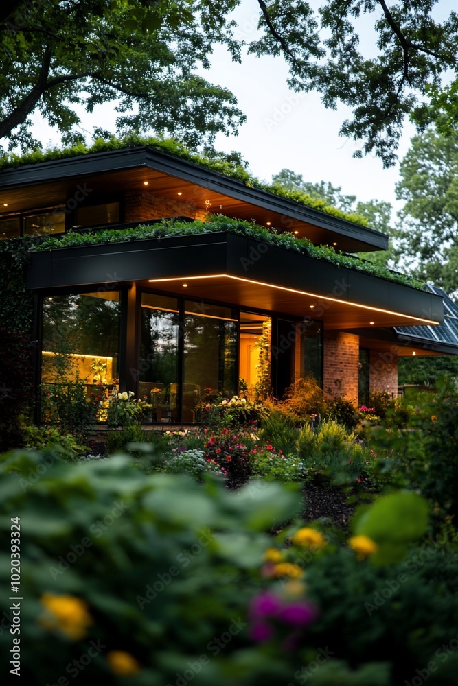 Modern house with a green roof and a lush garden in front of it. Modern house with a green roof and a lush garden in front of it.