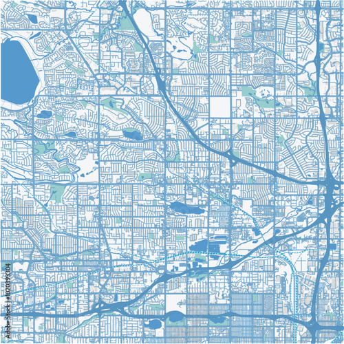 Map of Westminster in Colorado in a professional blue style. Contains layered vector with roads water, parks, etc.
