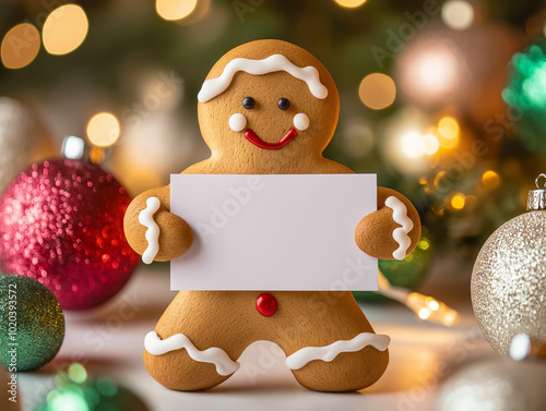 Boże Narodzenie - życzenia. Piernikowy ludzik trzymający pustą kartkę na świąteczne życzenia.