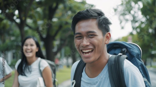 A young man beams at the camera in a park, wearing a backpack, his laughter infectious, epitomizing youthful joy and adventure.