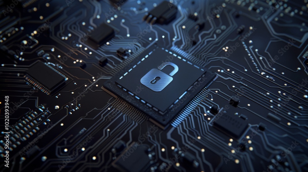 Fototapeta premium A secure digital chip is centrally placed on a circuit board, signifying advanced technology and cybersecurity focus.