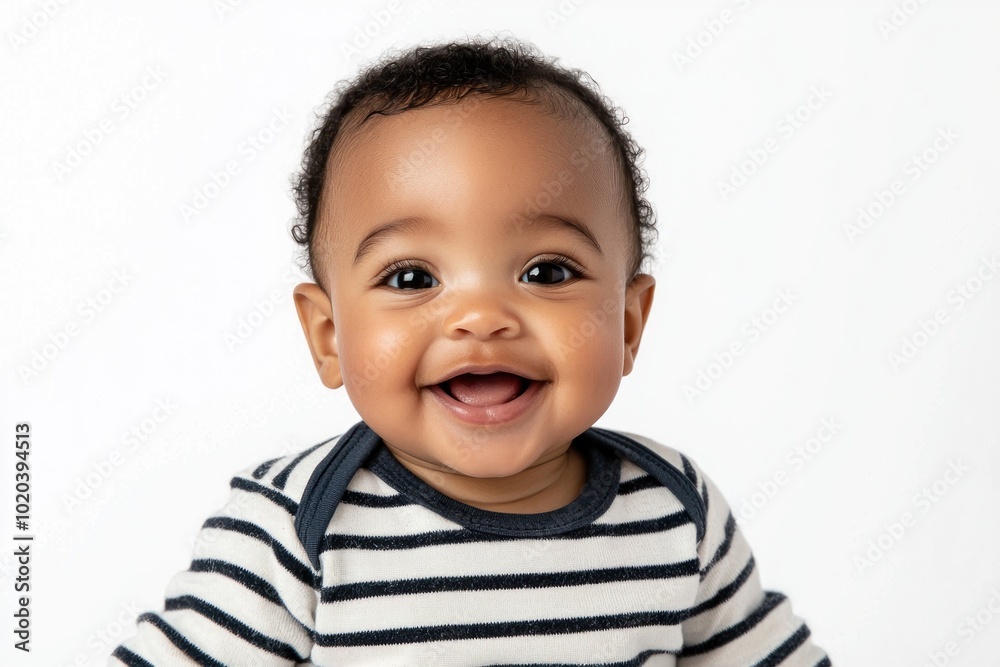 Smiling baby with striped shirt showing first teeth against white background Generative AI Smiling baby with striped shirt showing first teeth against white background Generative AI