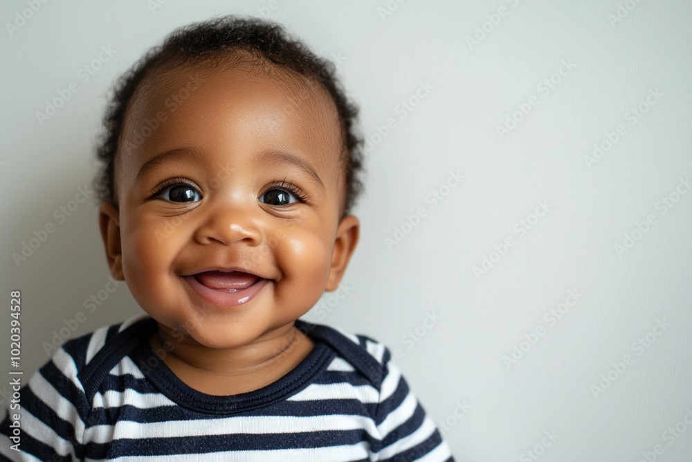Smiling baby with striped shirt showing first teeth against white background Generative AI Smiling baby with striped shirt showing first teeth against white background Generative AI