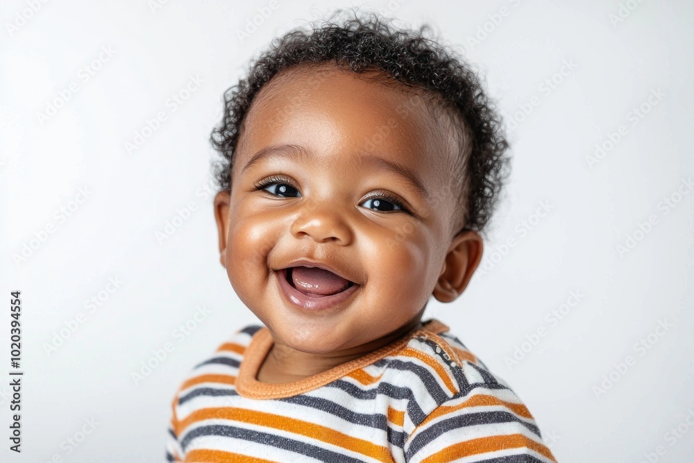Smiling baby with striped shirt showing first teeth against white background Generative AI Smiling baby with striped shirt showing first teeth against white background Generative AI