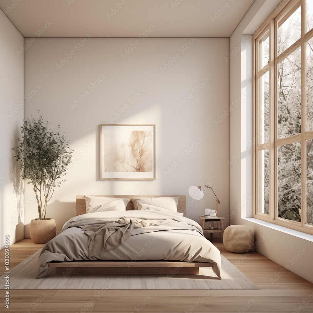 Obraz premium Minimalist bedroom, all white interior with wooden accents, large window on the right side of room looking out to trees and sky, light brown bed frame, beige bedding, small plant in corner.