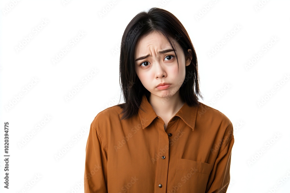 Photo of unhappy sad asian american woman wear brown shirt looking empty space isolated white color background Photo of unhappy sad asian american woman wear brown shirt looking empty space isolated white color background