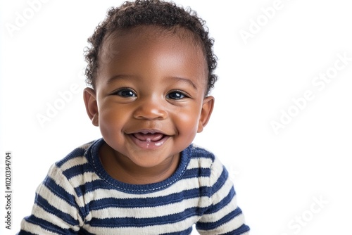 Smiling baby with striped shirt showing first teeth against white background Generative AI