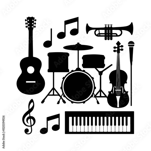 Musical instruments and elements Icon set on white background 