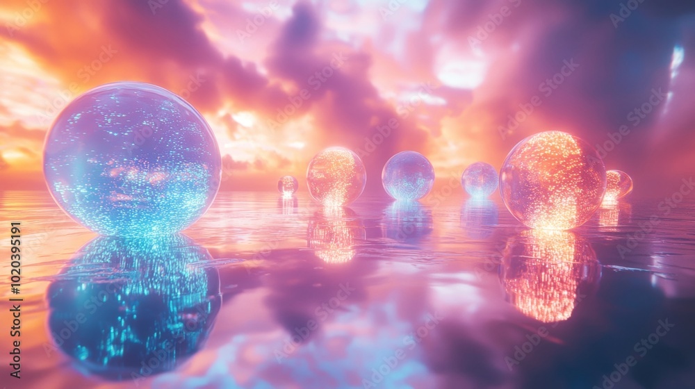 Obraz premium Futuristic Floating Holographic Spheres in Vibrant Cosmic Landscape