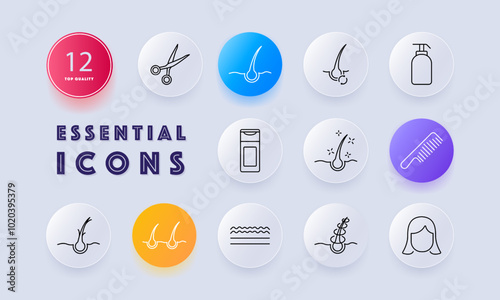 Hair maintenance set icon. Scissors, hair follicle, shampoo bottle, conditioner, comb, curly hair, profile, hair roots, scalp, waves