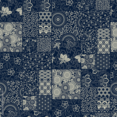 Japanese style traditional  fabric patchwork wallpaper abstract floral vector seamless pattern for shirt fabric wrapping carpet rug tablecloth pillow