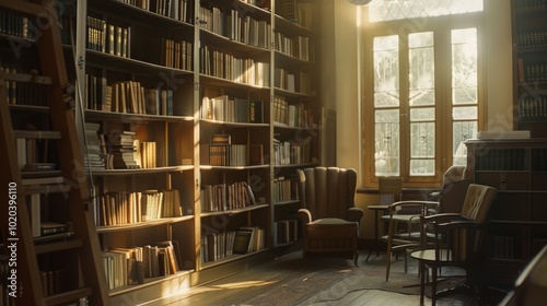 Wallpaper Mural A sunlit, rustic library with antique charm invites quiet reflection, lined with books and vintage furnishings by a large window. Torontodigital.ca