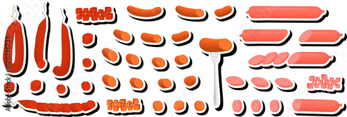 Illustration on theme big set different types delicatessen meat sausages