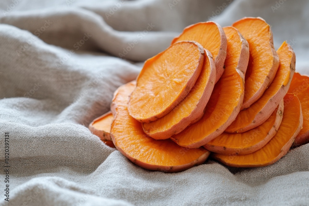 Sweet potato spirals artfully arranged on soft linen fabric in natural light ambiance Sweet potato spirals artfully arranged on soft linen fabric in natural light ambiance