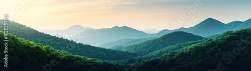 Serene Mountain Landscape with Rolling Green Hills and Layered Peaks at Sunrise