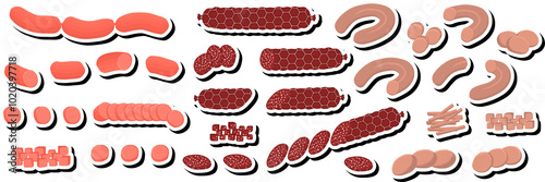 Illustration on theme big set different types delicatessen meat sausages