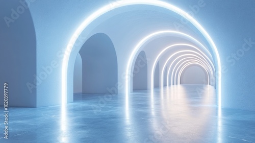 A Futuristic Hallway with Bright Neon Arched Lights