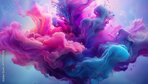 Acrylic ink cloud in water, abstract smoke with purple, blue, and pink tones on a white background.