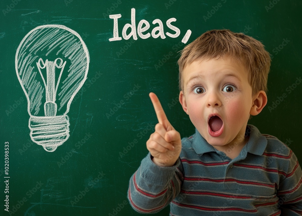 Excited boy pointing at lightbulb sketch with Excited boy pointing at lightbulb sketch with