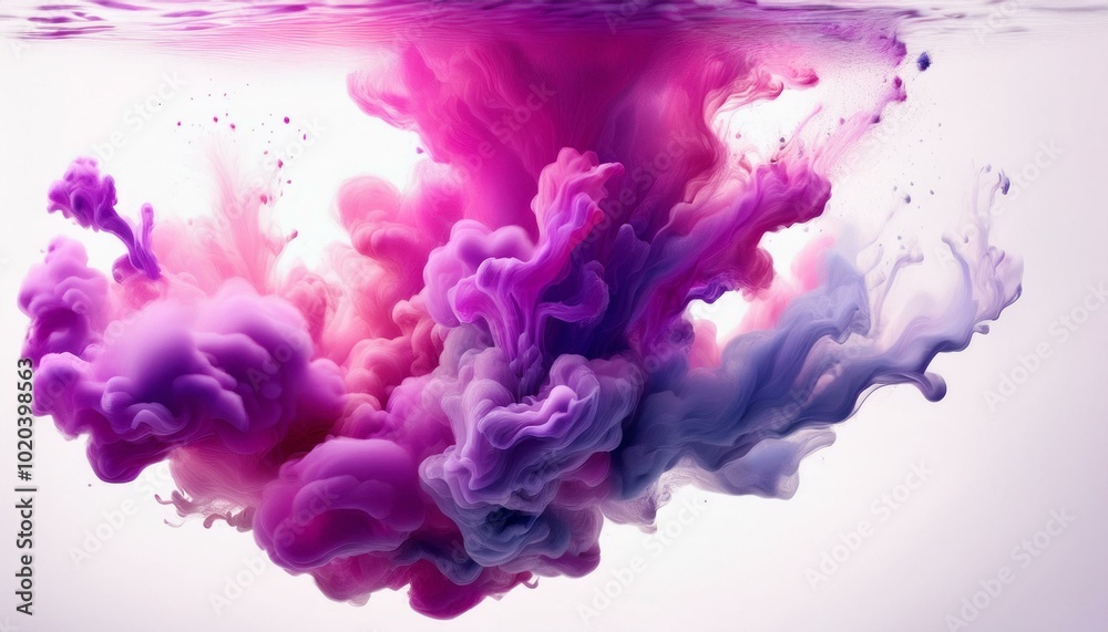 Fototapeta premium Acrylic ink cloud in water, abstract smoke with purple, blue, and pink tones on a white background.