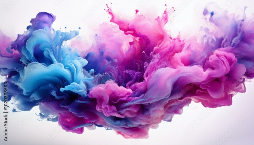 Acrylic ink cloud in water, abstract smoke with purple, blue, and pink tones on a white background. Acrylic ink cloud in water, abstract smoke with purple, blue, and pink tones on a white background.