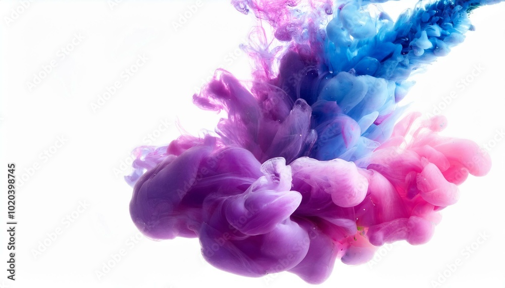 Acrylic ink cloud in water, abstract smoke with purple, blue, and pink tones on a white background. Acrylic ink cloud in water, abstract smoke with purple, blue, and pink tones on a white background.