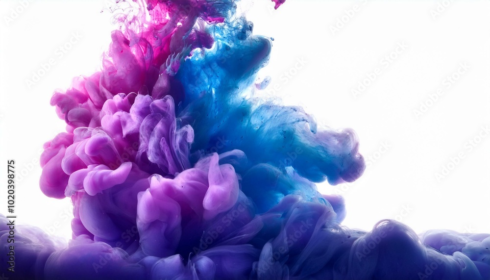 Fototapeta premium Acrylic ink cloud in water, abstract smoke with purple, blue, and pink tones on a white background.
