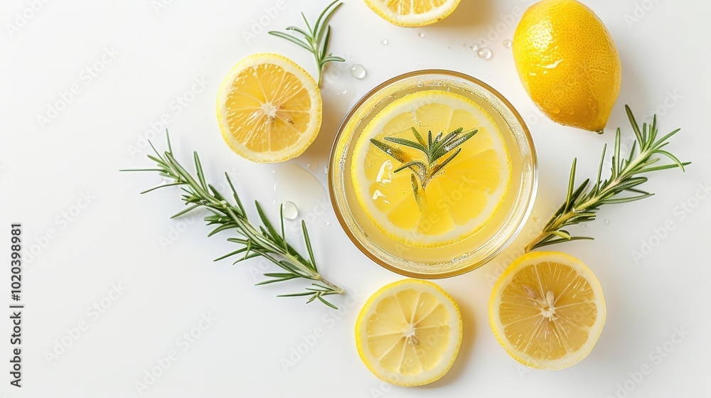 Top-View Lemon, Rosemary, and Honey Mocktail with Fresh Garnish on White Background Top-View Lemon, Rosemary, and Honey Mocktail with Fresh Garnish on White Background