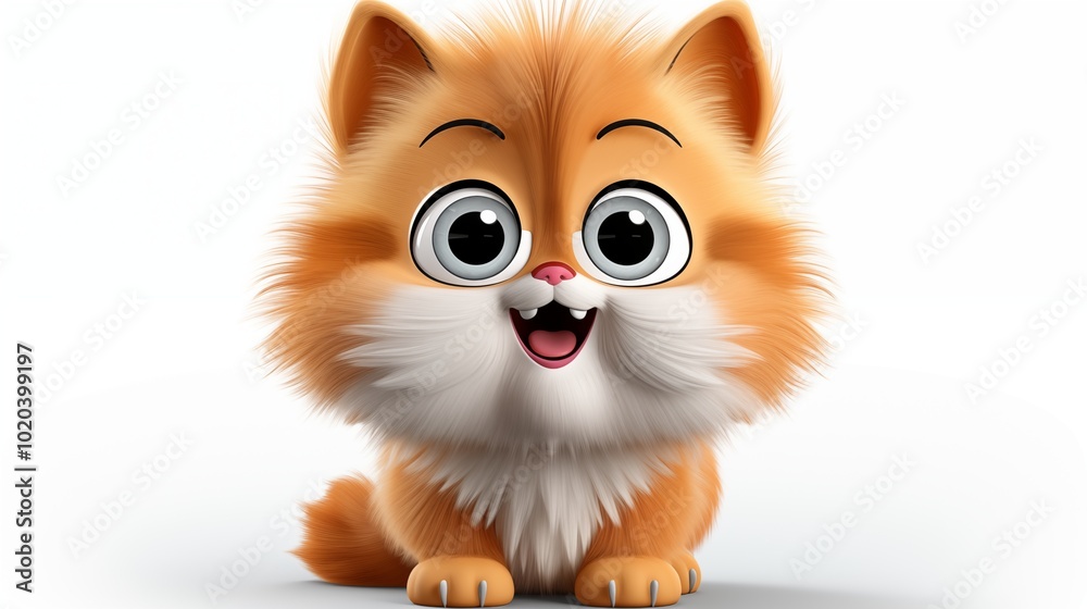 Surprised little kawaii red cat with open mouth and big orange eyes stands on its hind legs. Cartoon fluffy funny cute fat cat with white belly and a striped tail. 3d render isolated on white backdrop Surprised little kawaii red cat with open mouth and big orange eyes stands on its hind legs. Cartoon fluffy funny cute fat cat with white belly and a striped tail. 3d render isolated on white backdrop