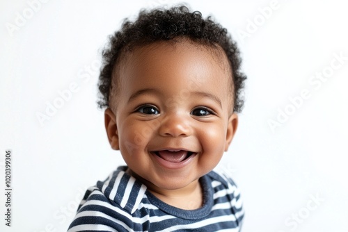 Smiling baby with striped shirt showing first teeth against white background Generative AI