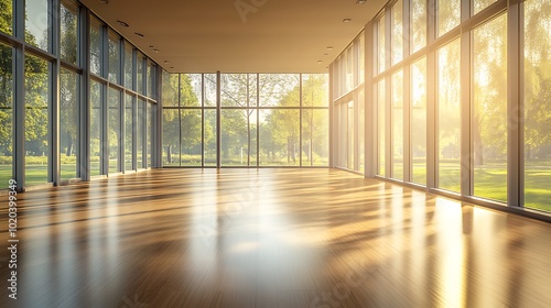 Wide-angle view of an empty gym, polished wooden floors, minimalist design elements, large floor-to-ceiling windows, soft sunlight filtering in, clean and organized layout, neutral tones,