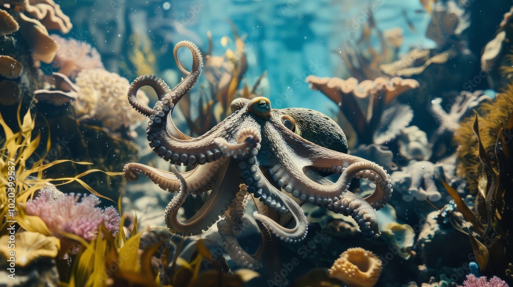 Fototapeta premium An octopus gracefully extends its limbs in a lush underwater setting, reflecting the mesmerizing beauty and complexity of ocean life.