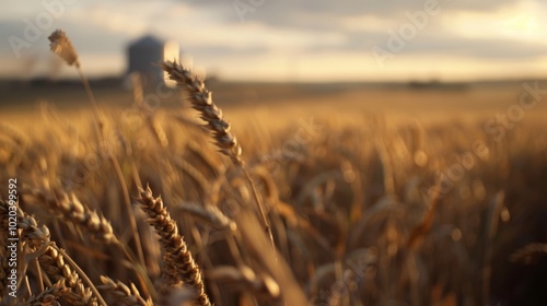 Golden wheat fields sway under a soft sunset, with a rustic barn in the distance adding to the pastoral serenity of rural life.