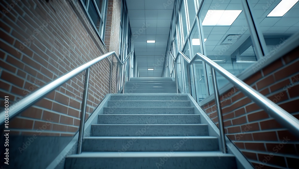 Steel Staircase Leading to an Open Door, Viewed from the Bottom of the Stairs Steel Staircase Leading to an Open Door, Viewed from the Bottom of the Stairs