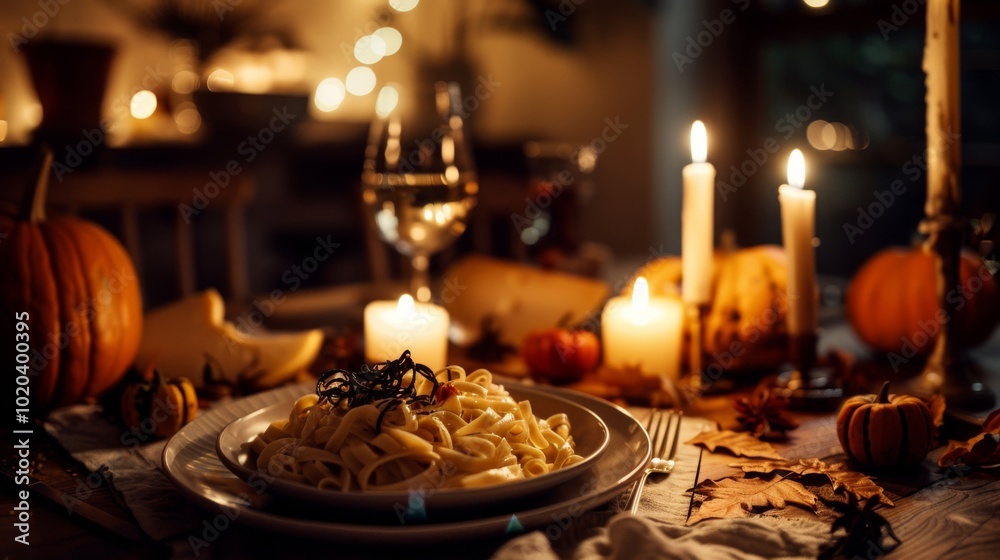 A meticulously arranged table glows with candles and pumpkins, lending an intimate and festive flair to a delicious autumn dinner setting. A meticulously arranged table glows with candles and pumpkins, lending an intimate and festive flair to a delicious autumn dinner setting.