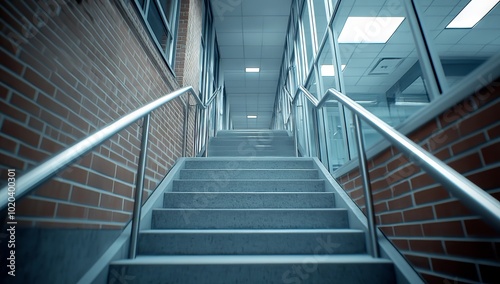 Steel Staircase Leading to an Open Door, Viewed from the Bottom of the Stairs