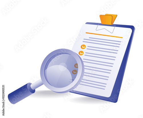 Checklist with analyst magnifying glass